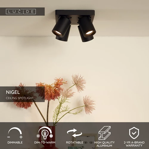 Lucide NIGEL - Ceiling spotlight - LED Dim to warm - GU10 - 4x5W 2200K/3000K - Black - USP